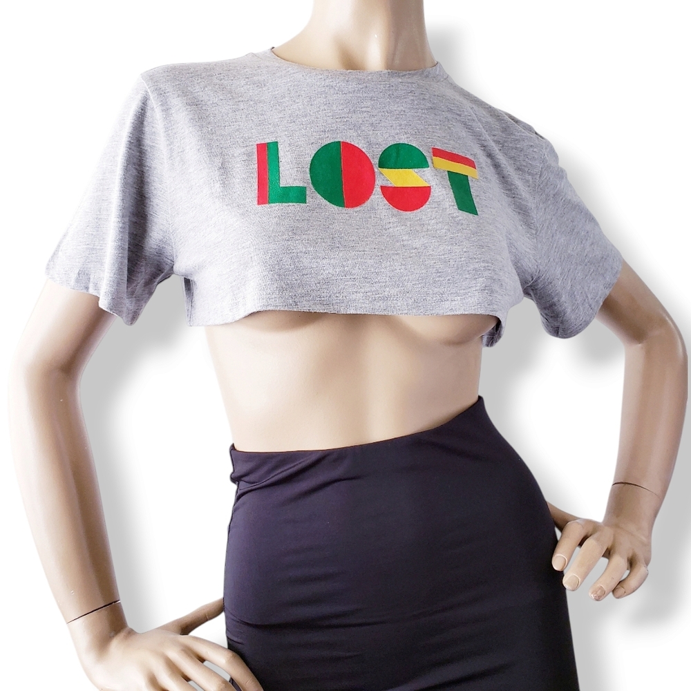 Rock & Rose Couture Gray 'LOST' Graphic Underbust Crop Top Size Small